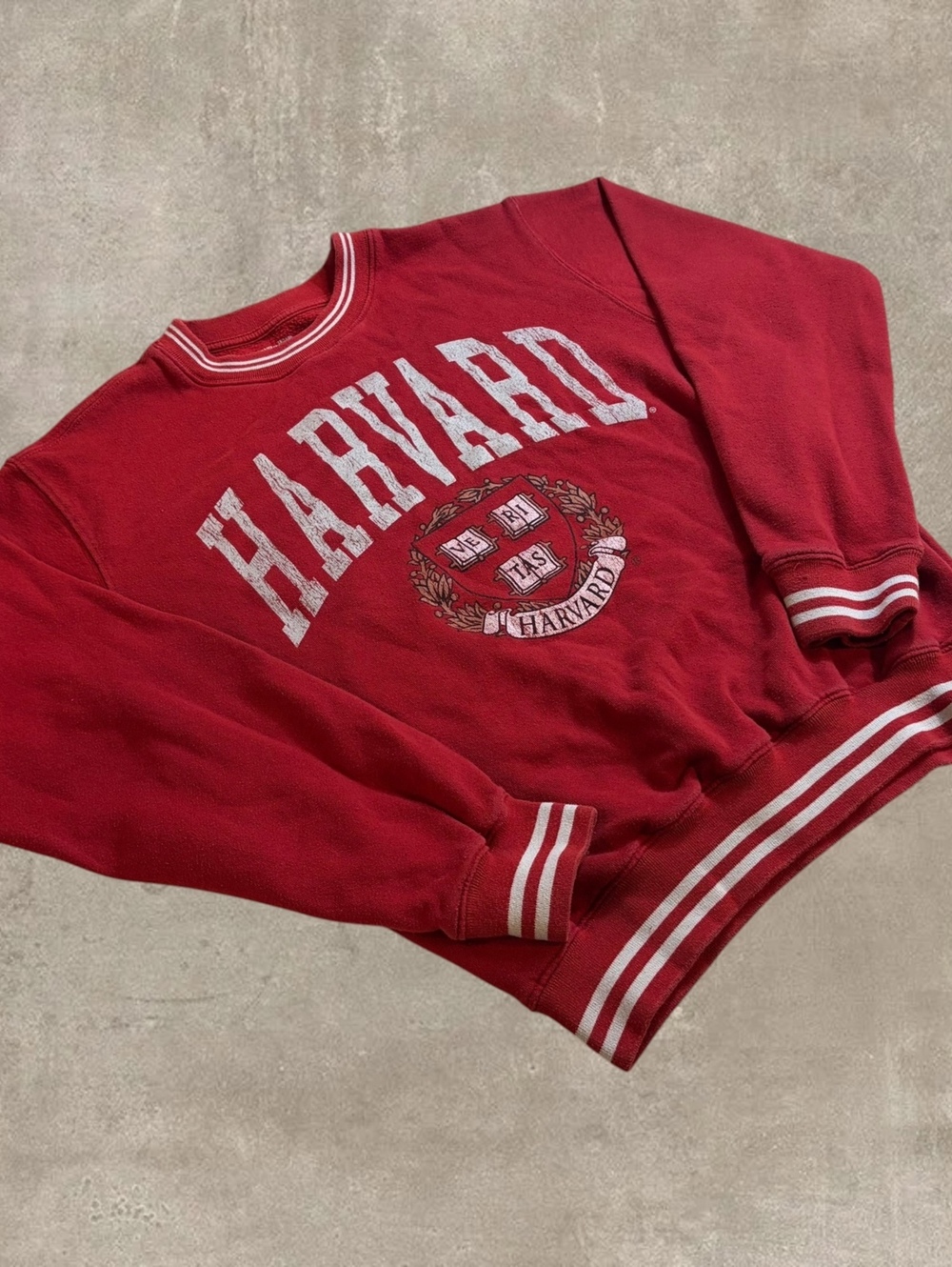 Harvard Mens M Crimson Red Sweatshirt Striped Trim University Crest Pullover